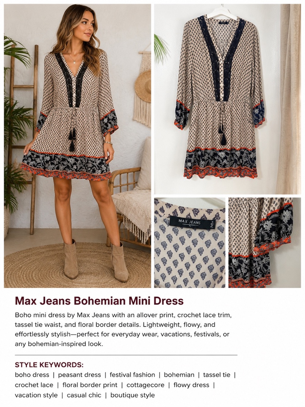 Max Jeans Bohemian Mini Dress Size Small